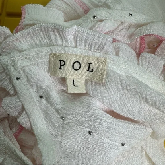 POL White and Pink Ruffle Trim with faux pearl details Blouse nwt